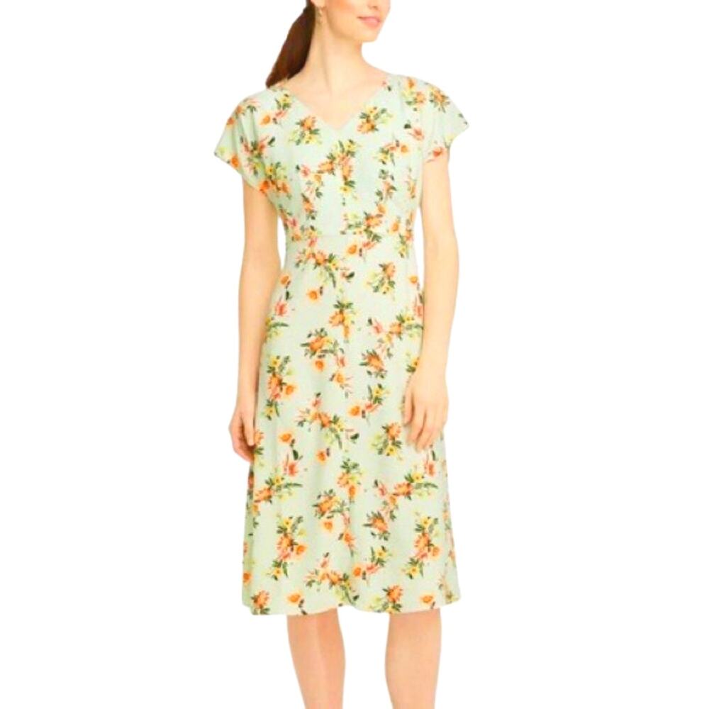 Ann Taylor Green V-Neck Floral Print Tie Back Cottage Core Midi Dress Sz 6